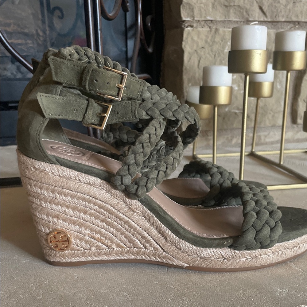 Tory Burch Olive Green Suede Braided Wedge Heel Sandals 7.5
